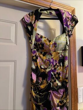 Cache Floral Satin Midi Dress — Black, Purple & Gold